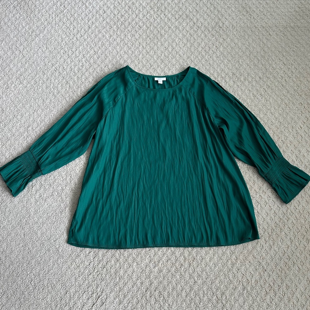 J. Jill Long Sleeve Cold Shoulder Smocked Blouse Green Large Office Lightweight